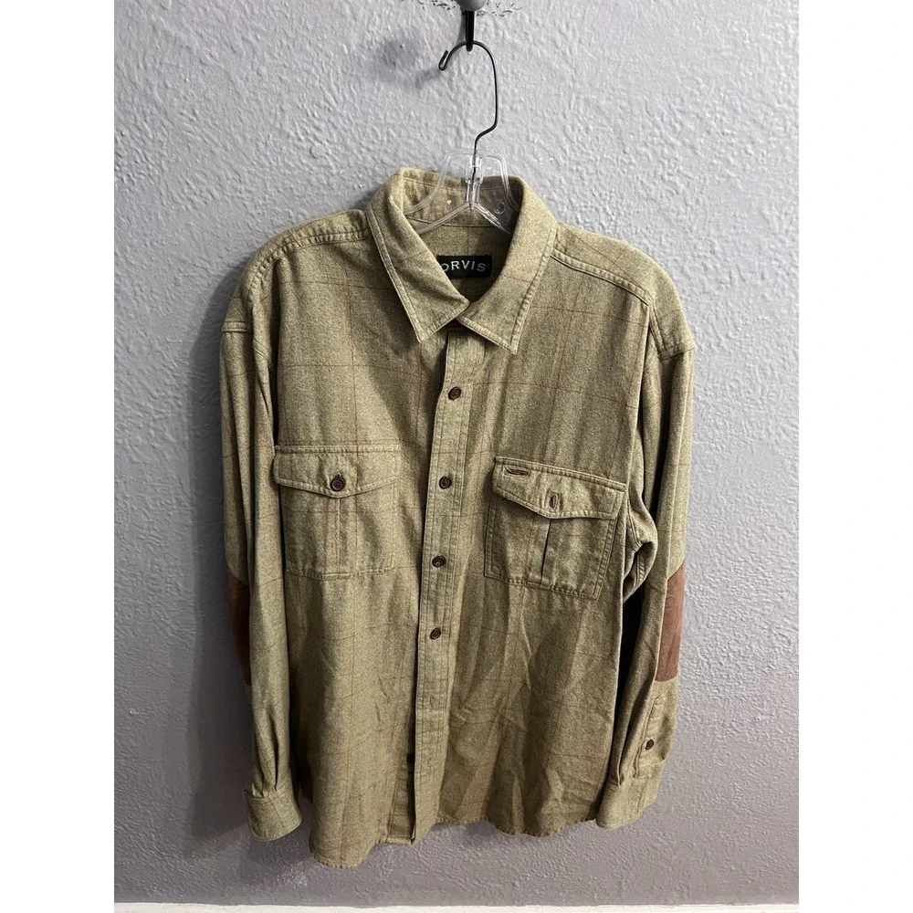 Orvis Long Sleeve Shirt Green Window Pane Suede Elbow Men Size Large - Picture 1 of 7